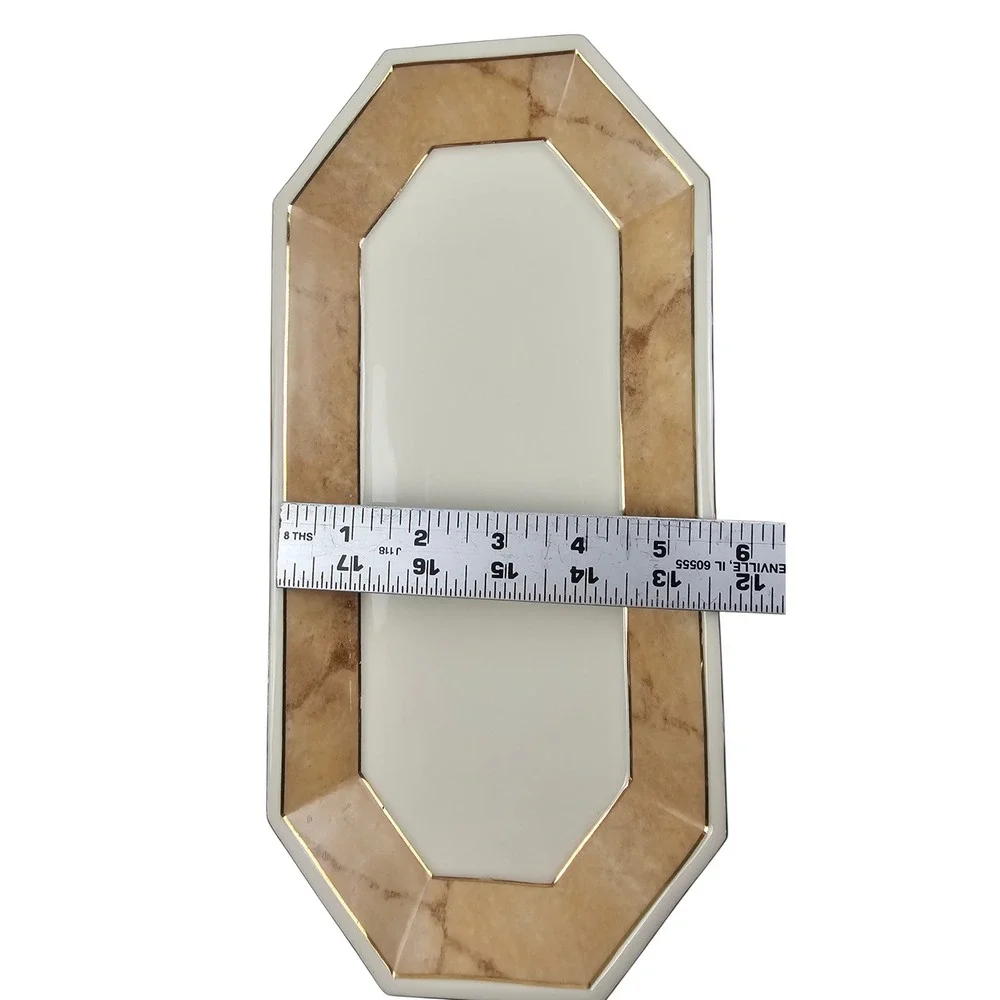 Octagonal Ceramic Serving Tray Marble Pattern Rim Gold Trim Cream Tan 11.5 inch